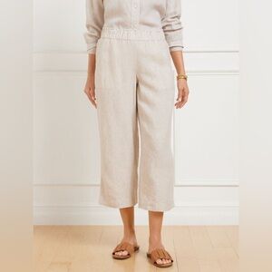 Talbots Wide Leg Crop 100% Linen Pants Beige White Large Petite Minimalist